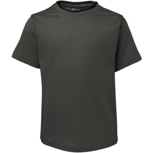 A dark green short-sleeve kids' t-shirt with a round neckline and a logo at the neck.