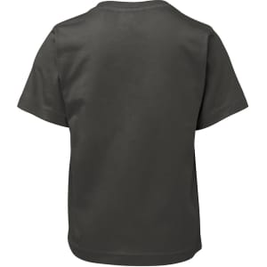 A dark grey kids' t-shirt with short sleeves and a plain back. The shirt has a logo on it.