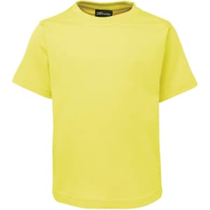 A bright yellow children's T-shirt featuring a crew neck and short sleeves, with a logo at the neckline.