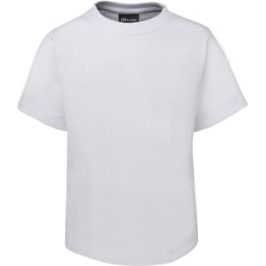 A plain white children's t-shirt featuring short sleeves and a round neckline. It has a logo inside the collar.