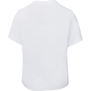 A plain white kids' t-shirt with short sleeves and a rounded hem. The shirt has a logo.