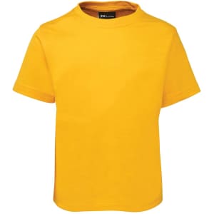 A bright yellow kids' t-shirt with a round neckline and short sleeves, featuring a logo on the label.