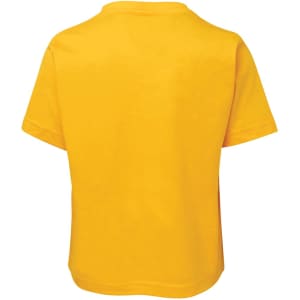 A yellow kids' t-shirt featuring short sleeves and a plain back. It has a logo on the back.