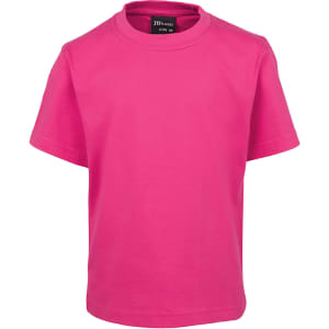 A bright pink kids' t-shirt with a round neckline and short sleeves, featuring a logo on the label.