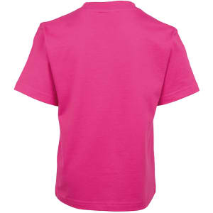A pink kids t-shirt featuring short sleeves and a plain back. It includes a logo on the interior label.