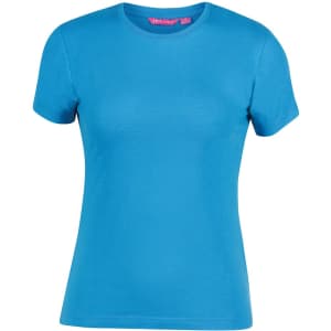 A blue women's t-shirt featuring a classic design and a branding logo on the label.