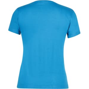 A blue women's t-shirt with a fitted design and short sleeves, featuring a branding logo on the back.
