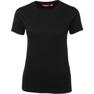 A plain black ladies' tee with a round neckline and short sleeves. The shirt features a logo.