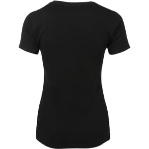 A black ladies' t-shirt with short sleeves and a fitted design, featuring a logo on the back.