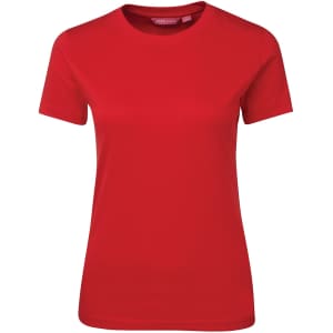 A red ladies t-shirt with short sleeves and a crew neck, featuring a logo on the label.