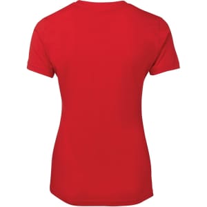 A red ladies t-shirt featuring short sleeves and a curved hem. The shirt has a logo on the back.