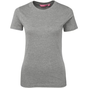 A grey women's t-shirt with a fitted design and short sleeves. It features a branding logo at the neck.