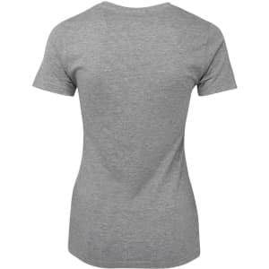 A grey ladies' t-shirt with a fitted shape and short sleeves, featuring a logo.