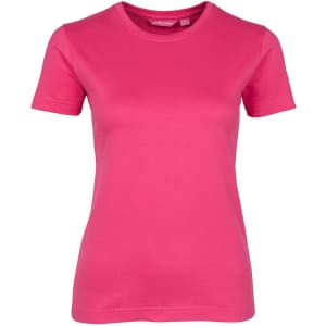 A pink women's t-shirt with short sleeves and a round neckline, featuring a logo on the label.
