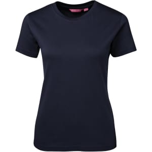 A navy blue ladies' t-shirt with short sleeves and a round neckline, featuring a logo.
