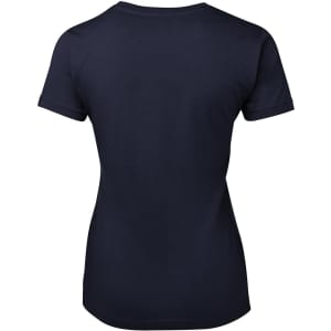 A navy blue ladies' tee featuring a round neck and short sleeves. Has a plain back and includes a logo.
