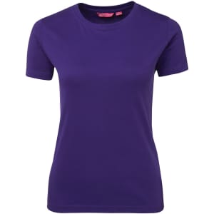 A purple ladies' t-shirt with short sleeves and a simple design. It has a logo tag on the neckline.