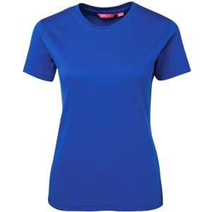 A blue ladies tee with a crew neck and short sleeves, featuring a logo. Suitable for casual wear.