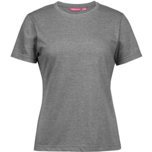 A grey ladies' t-shirt featuring short sleeves and a classic crew neck design, with a logo at the neckline.
