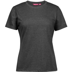 A dark grey ladies' T-shirt with a classic crew neck and short sleeves. It features a logo on the label.
