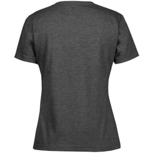 A dark grey ladies' T-shirt with a simple back design and a fitted shape, featuring a branding logo.