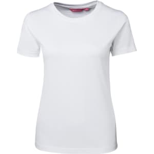 A white ladies' t-shirt with a round neck and short sleeves, featuring a logo on the label.