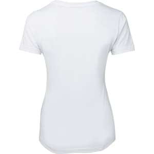 A white ladies' t-shirt featuring short sleeves and a simple design with a branding logo.