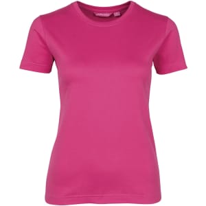 A women's pink T-shirt with short sleeves and a fitted style. It features a logo on the tag.