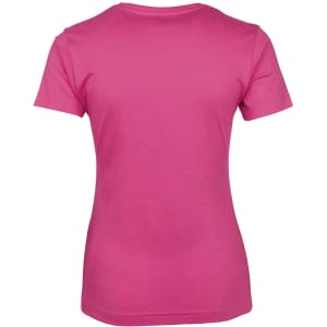 A women's t-shirt in bright pink, showcasing a smooth back design and short sleeves. It features a logo.