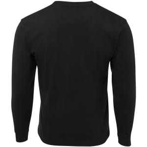A black long-sleeved T-shirt with a simple design and a logo on the back.
