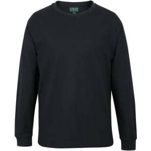 A black long-sleeve T-shirt with a round neckline and a logo tag at the collar.