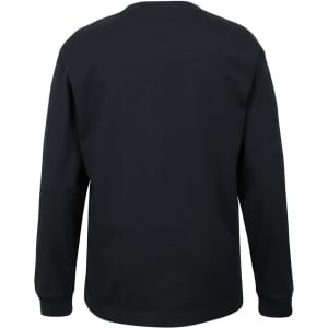 A black long-sleeve T-shirt is displayed, featuring a simple design and a logo on the back.