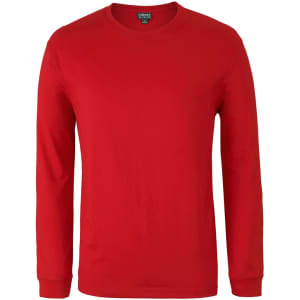 A red long-sleeve t-shirt with a crew neck and a logo on the label.