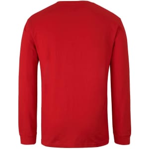 A red long-sleeve t-shirt with a plain back and a logo at the neckline.