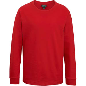 A red long-sleeve T-shirt featuring a crew neck and a branding label inside.