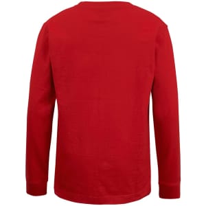 A red long-sleeved T-shirt featuring a plain back and a logo on the upper section.