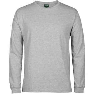 A grey long-sleeved T-shirt with a tag and a logo.