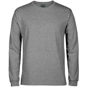 A long-sleeved grey T-shirt with a round neckline, featuring a logo on the label.