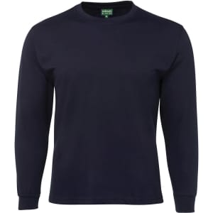A navy long-sleeve t-shirt with a round neckline and a logo on the label.