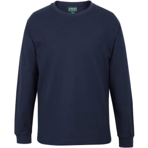 A long-sleeve navy T-shirt with a round neckline and a logo. Suitable for casual wear.