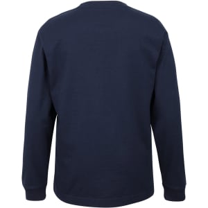 A long-sleeved navy blue T-shirt with a plain back and a branding logo.