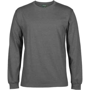 A grey long-sleeve T-shirt with a round neckline and a logo on the label.