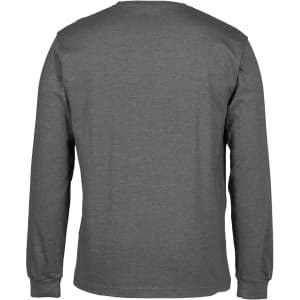 A grey long-sleeve t-shirt featuring a simple design and a logo on the back.
