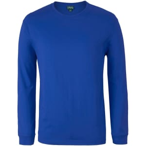 A long-sleeve T-shirt in a vibrant blue colour, featuring a logo on the label.