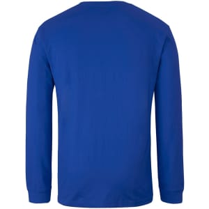 A long-sleeve T-shirt in a vibrant blue colour with a plain back and a branding logo.