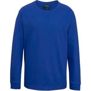 A long-sleeve T-shirt in a vibrant blue colour, featuring a simple design and a branded label.