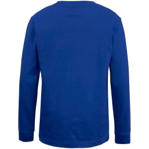 A blue long-sleeve t-shirt with a plain back and no visible branding.