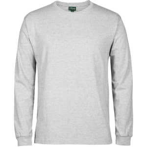 A grey long-sleeve T-shirt with a standard fit. The shirt features a logo on a tag at the neckline.