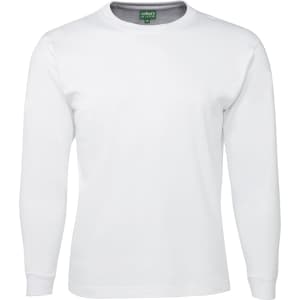 A white long-sleeve t-shirt with a round neckline and a label inside showing branding.