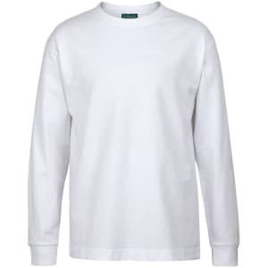 A white long-sleeved T-shirt featuring a logo on the collar. Suitable for casual wear.